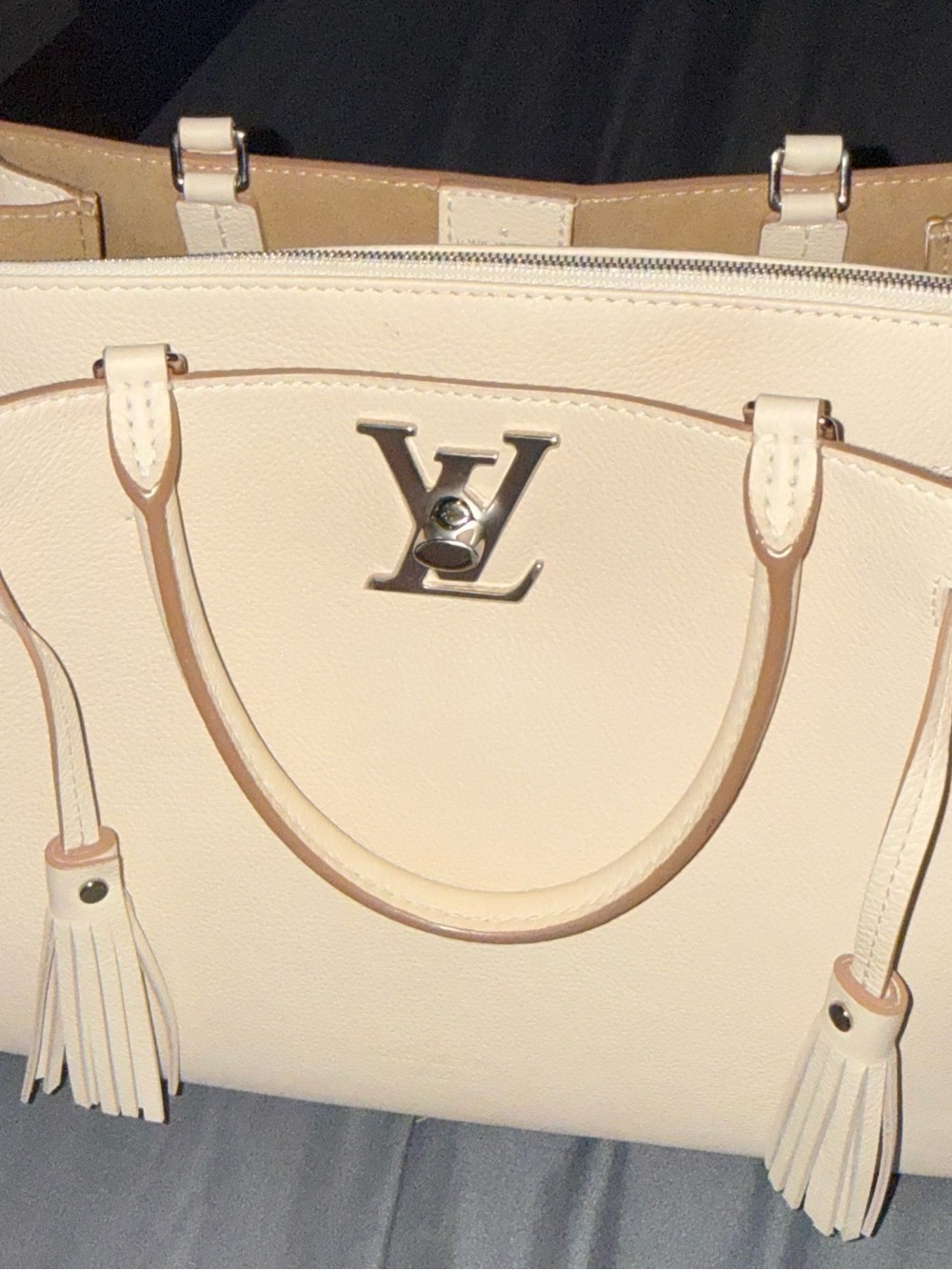 Louis Vuitton Cream Leather Tote with Tassels and LV Emblem